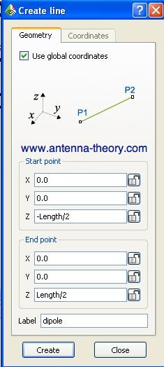 specifying geometry for line (dipole antenna) in FEKO